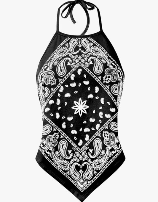 🌟 Bandana Queen Halter Top - Black & White