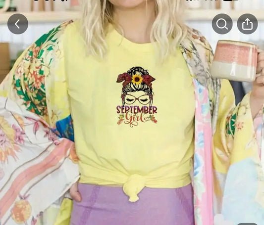 September Girl Sunflower T-Shirt | Early Fall Birthday Fashion | Messy Bun Design | Austin Boutique