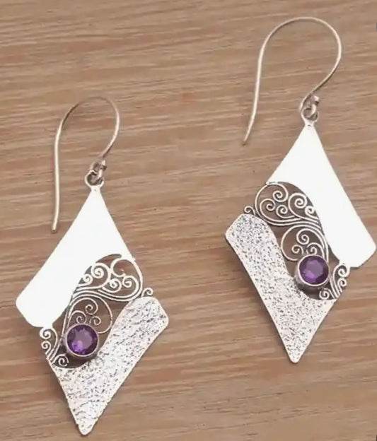 Sterling Silver Amethyst Filigree Earrings | Geometric Art Deco Design | PuzzlePieces Austin