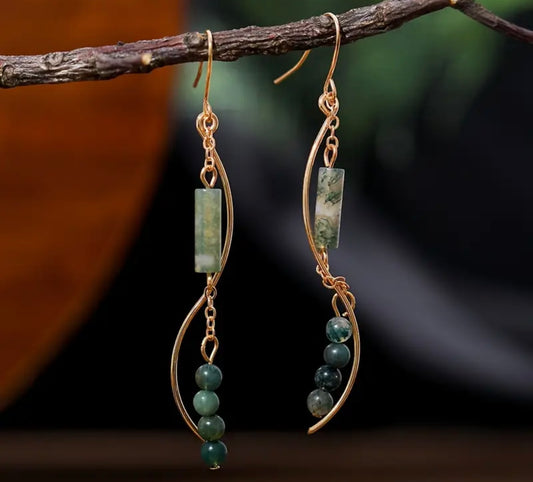 Bohemian Green Moss Agate Curved Wire Earrings - Handcrafted Austin Jewelry