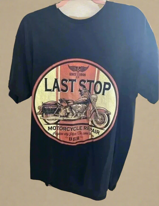 🏍️ Last Stop Motorcycle Repair Vintage Graphic Tee - Navy