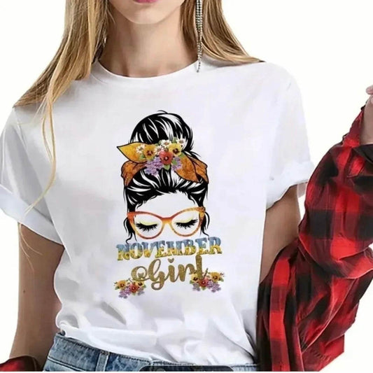 👗 NOVEMBER GIRL MESSY BUN FLORAL T-SHIRT 🌸 - PuzzlePieces2326