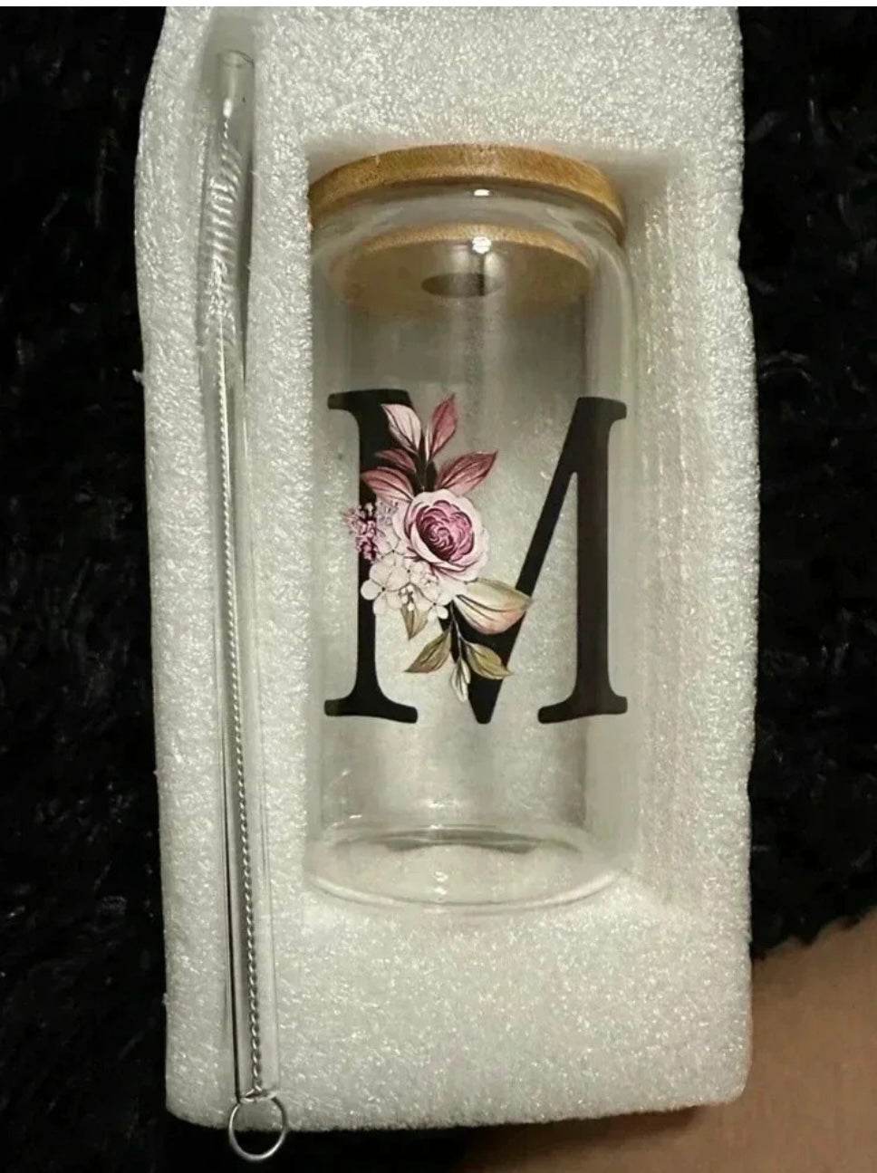 🌸 FLORAL MONOGRAM GLASS TUMBLER SET WITH BAMBOO LID 🥤 - PuzzlePieces2326