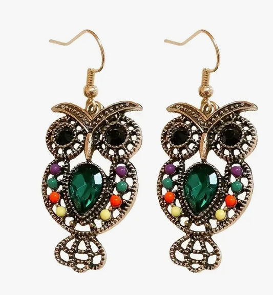 Title: Vintage Bohemian Owl Crystal Earrings | Handcrafted in Austin | PuzzlePieces