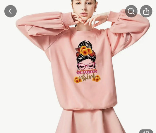 October Girl Balloon Sleeve Sweatshirt | Sunflower Messy Bun Design | Fall Birthday Fashion | Austin Boutique