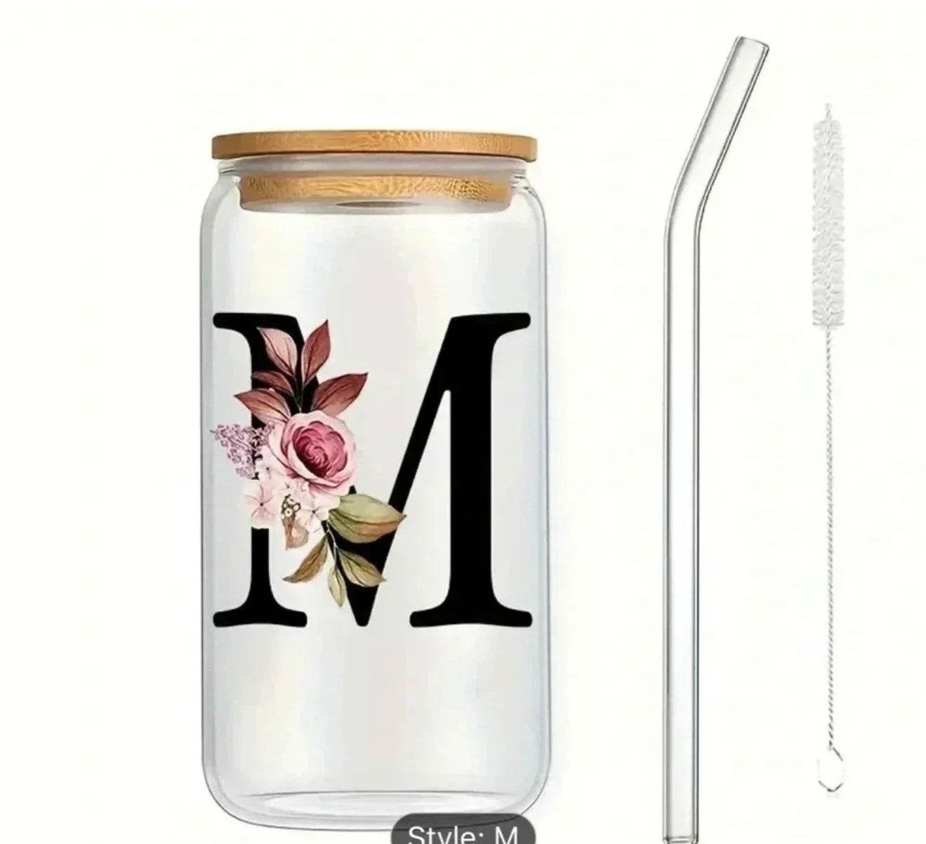 🌸 FLORAL MONOGRAM GLASS TUMBLER SET WITH BAMBOO LID 🥤 - PuzzlePieces2326