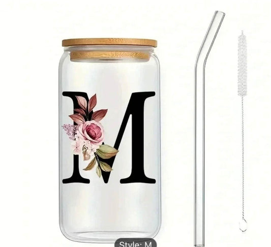 🌸 FLORAL MONOGRAM GLASS TUMBLER SET WITH BAMBOO LID 🥤 - PuzzlePieces2326
