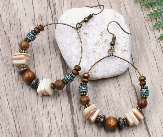 Bohemian Beach Vibes Hoop Earrings - Turquoise & Wood Beaded Design