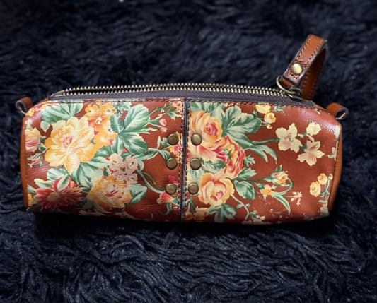 Patricia Nash Romantic Floral Leather Cosmetic Bag in Cognac
