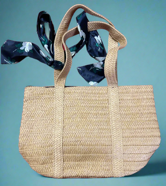 Natural Straw Beach Tote with Navy Floral Scarf