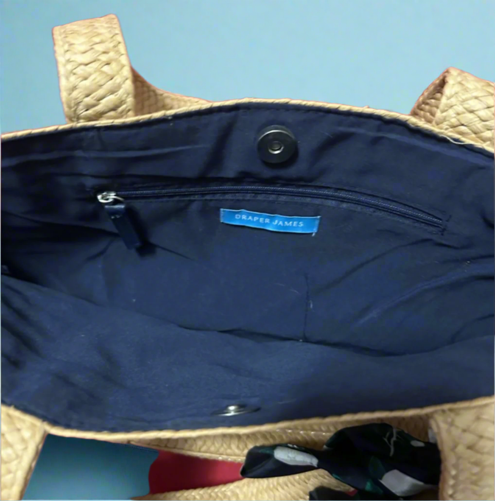 Natural Straw Beach Tote with Navy Floral Scarf