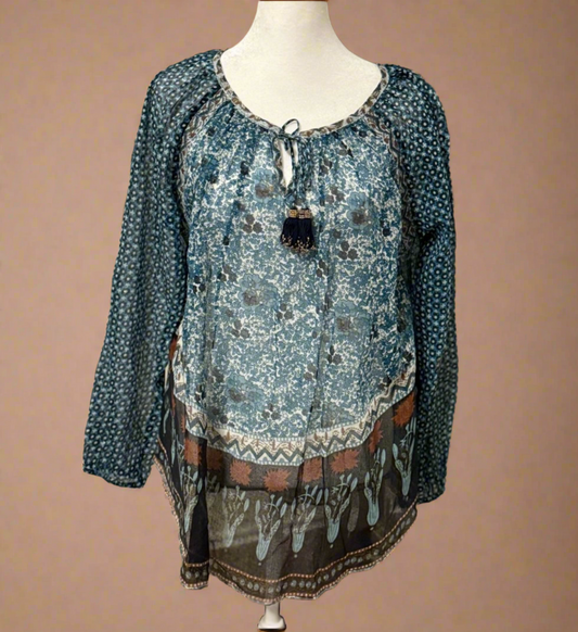 Calypso St. Barth Bohemian Dreams Blue Floral Mixed-Print Peasant Tunic | Austin Boutique Fashion