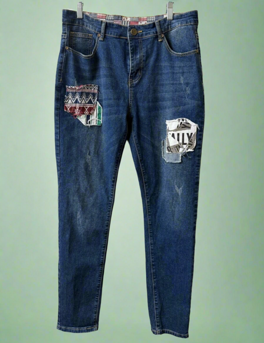 Aztec Patch Mom Jeans - Custom Distressed Denim