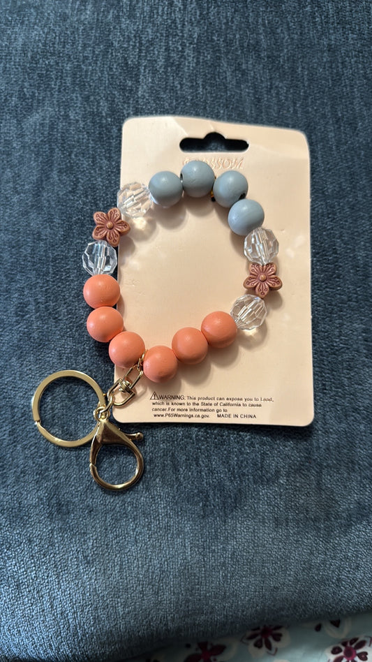Spring Blossom Beaded Keychain Bracelet - Coral & Grey Collection