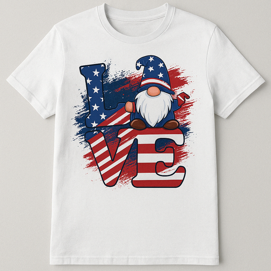 Patriotic Gnome LOVE T-Shirt | American Flag Design | Fourth of July Tee