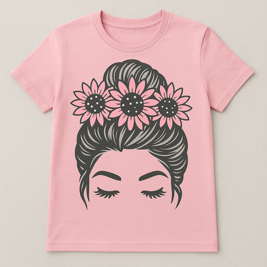 Sunflower Messy Bun Mom Life T-Shirt | PuzzlePieces Austin