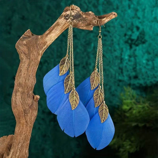 Royal Blue Cascade Feather Earrings - Bohemian Elegance - PuzzlePieces2326